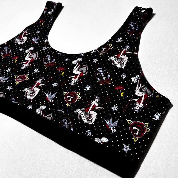 Torrid Bralette 5X Pinup Devil Dice Roses Tattoo Print Scoop Neck Cotton Stretch - Picture 1 of 12